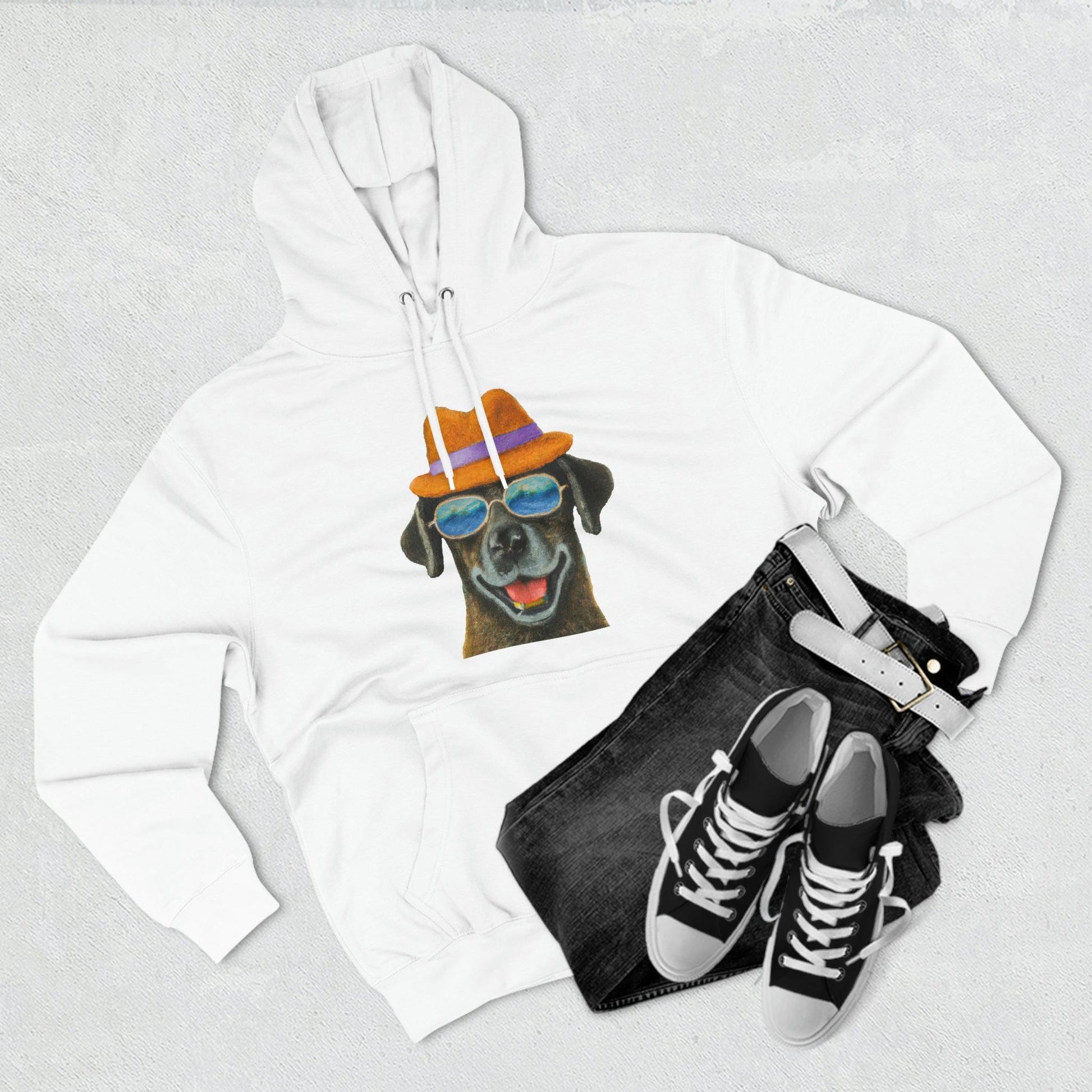 Dog at the beach wearing a hat and sunglasses painted arts Premium Pullover Hoodie - Giftsmojo