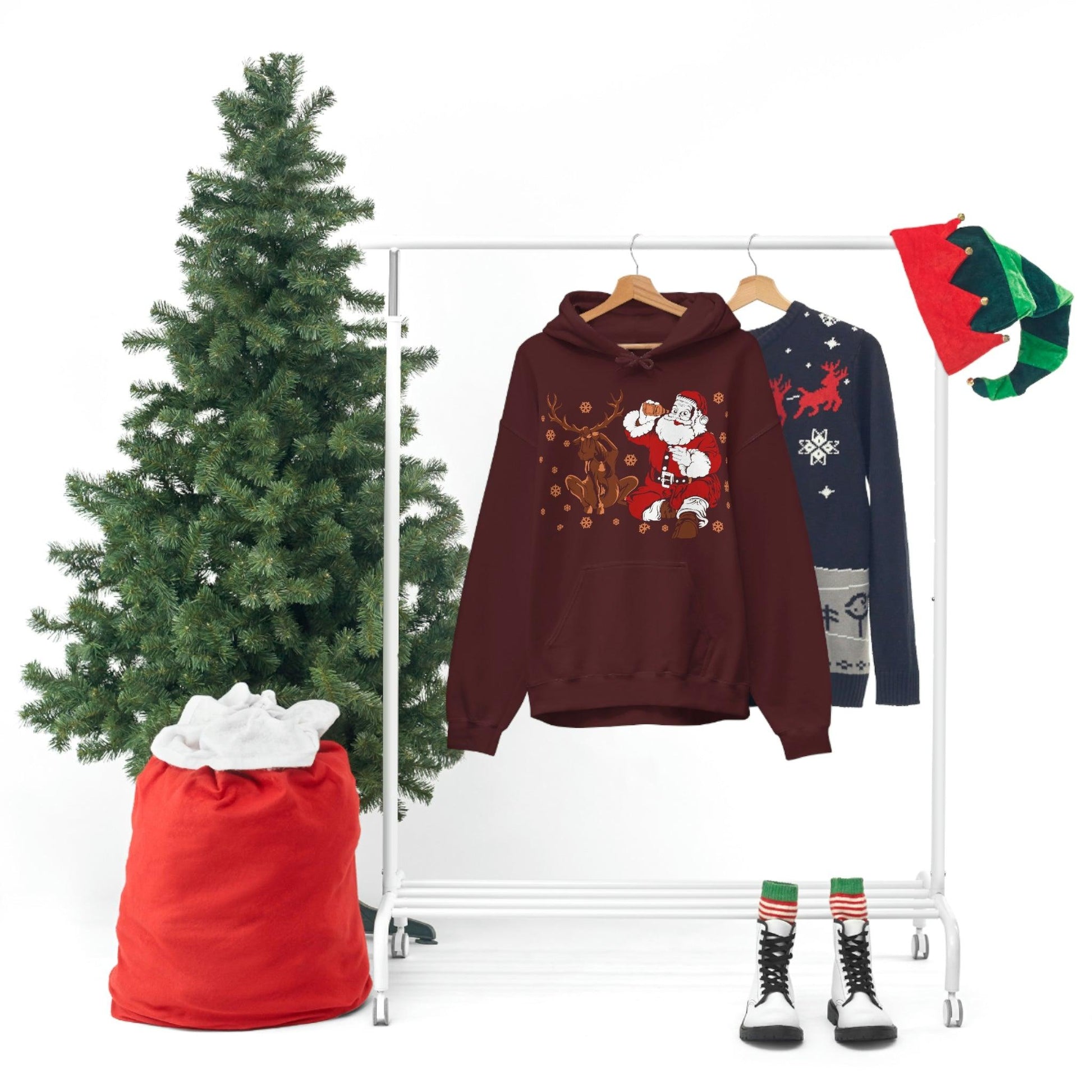 Santa and Reindeer Hooded Sweatshirt Christmas Shirt Funny Christmas Sweatshirt Christmas Gifts Santa Drinking Beer - Giftsmojo
