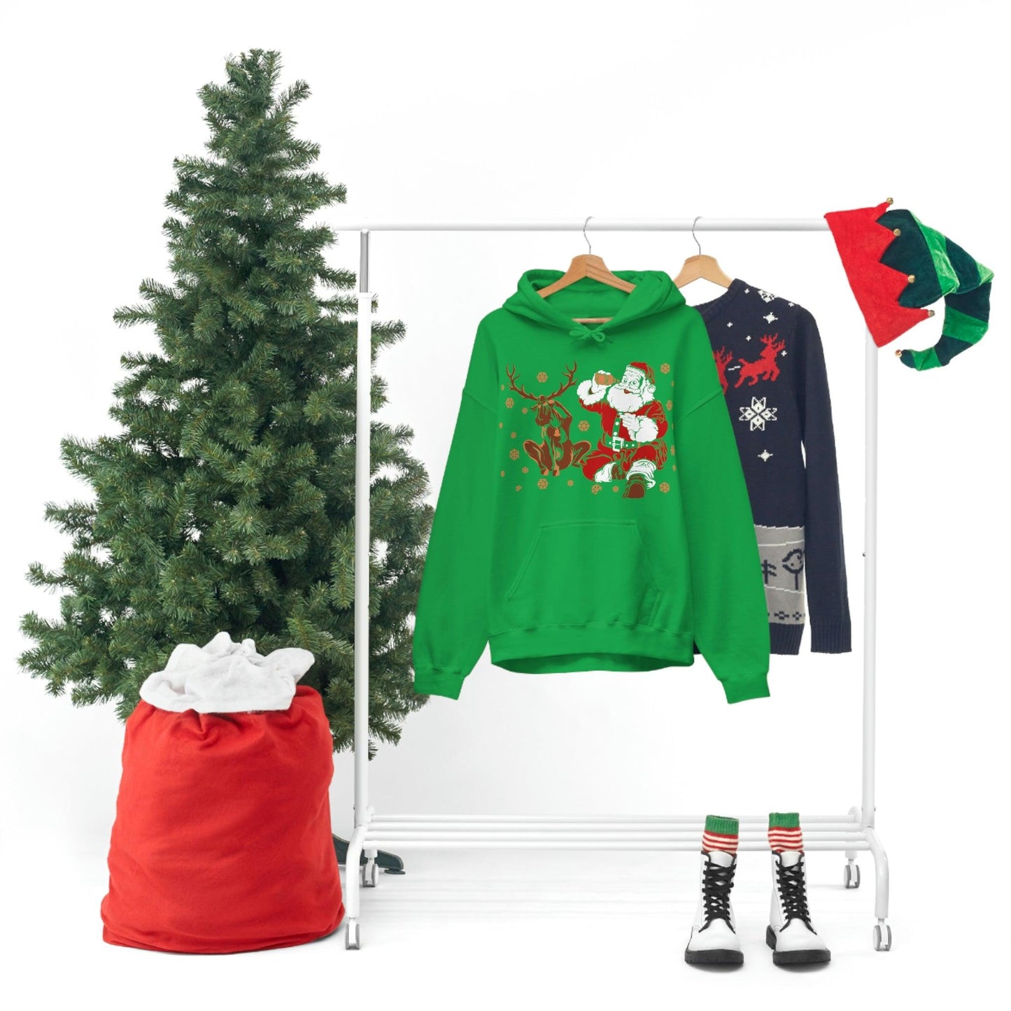 Santa and Reindeer Hooded Sweatshirt Christmas Shirt Funny Christmas Sweatshirt Christmas Gifts Santa Drinking Beer - Giftsmojo