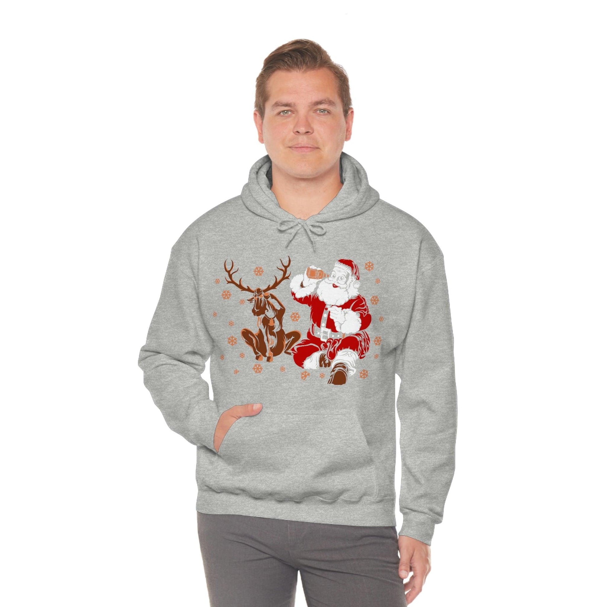 Santa and Reindeer Hooded Sweatshirt Christmas Shirt Funny Christmas Sweatshirt Christmas Gifts Santa Drinking Beer - Giftsmojo